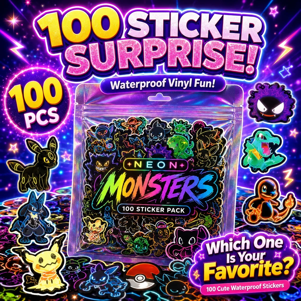 Luggage - 100 adet Neon Pokémon Sticker'ı, Su